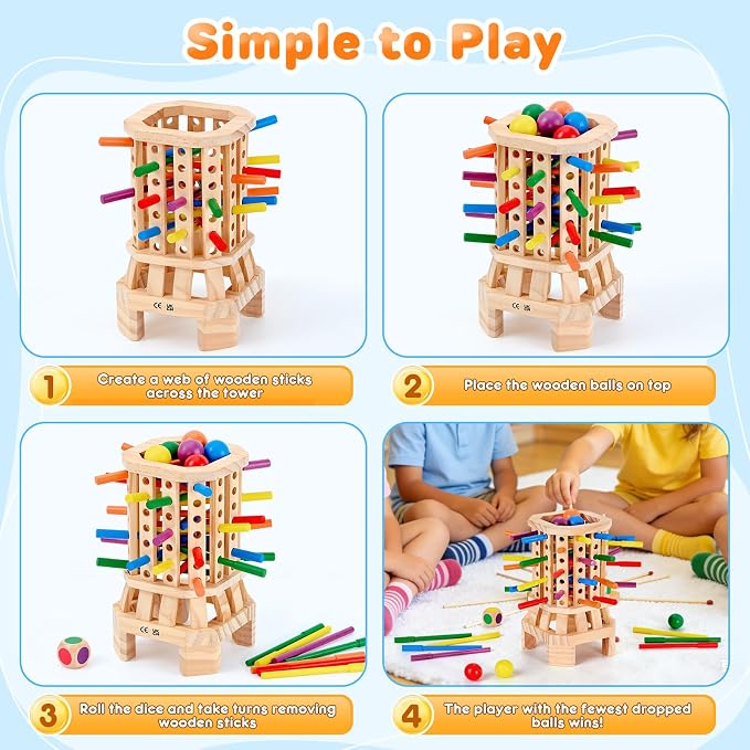 Montessori Wooden Board Game, Colorful Sticks & Ball Drop Games for Kids, Fine Motor Skills & Math Learning Toy for 3 4 5 6 Year Old, 2-6 Player Family Travel Game, Birthday Gift for Boys Girls Age 3+