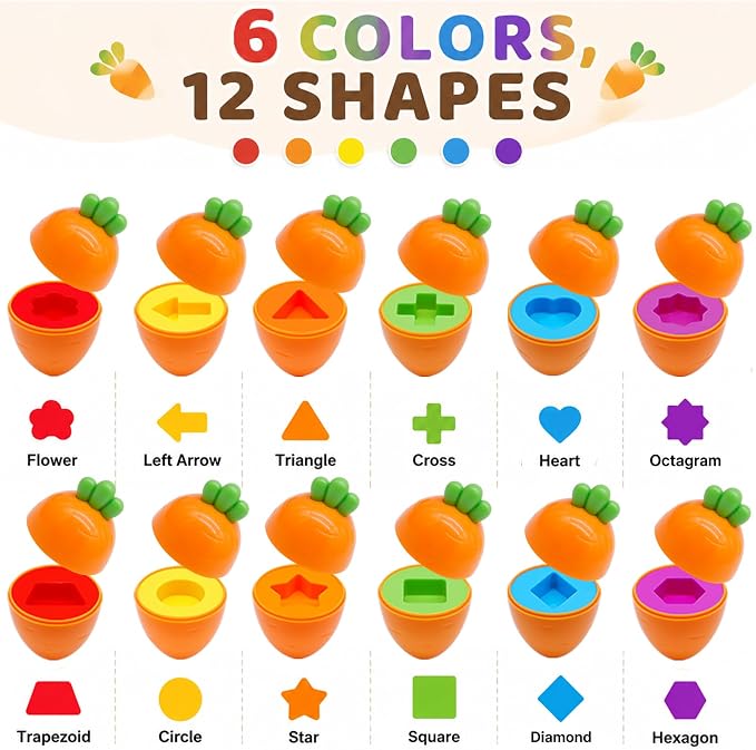 WEEJOYGAM 12PCS Carrot Matching Egg Toys for Toddlers, Montessori Toys for Baby Girl Boy Birthday Gift, Shape Sorter Color Sorting Sensory Learning Fine Motor Geometric Puzzles Game