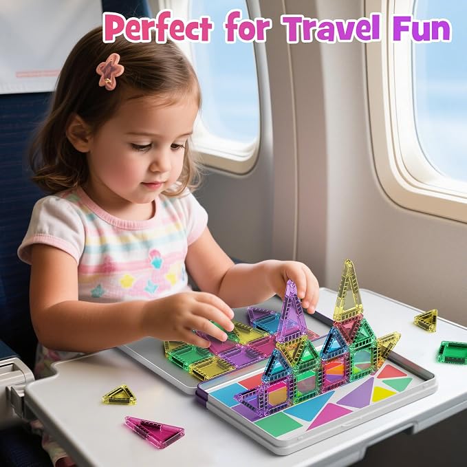 WMDXU Mini Magnetic Tiles Girls: Travel Building Set with Iron Box for 3+ | 42PCS On-the-Go Travel Toy, Strong Magnets Hold Tiles Upside Down without Falling, Iron Box Storage, for Girls 3-8