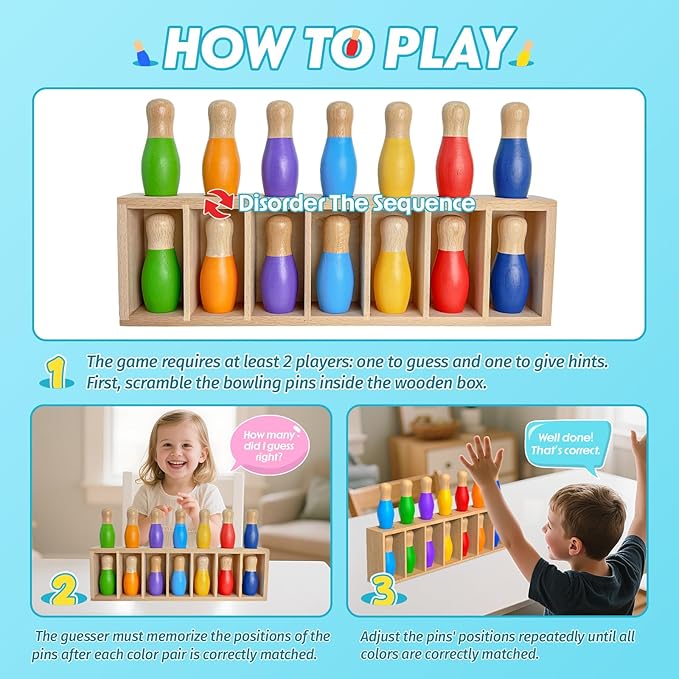pamexin Family Games for Kids, Wooden Bowling Color Matching Game with 7 Bright Pins and Storage Bag, Family Board Games Party Birthday Gift, Fun Party Game for Boys Girls