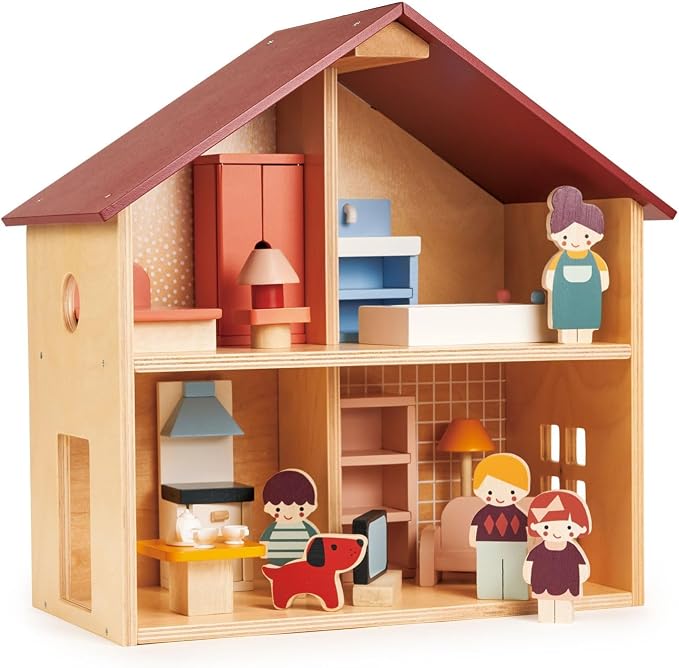 Mentari Toys - Doll Family with Dog - 5pc Solid Wood Doll Set with Playful Pup - Perfectly Sized for Pockets and Little Hands - Encourages Imaginative Play and Social Skills - Age 12m+