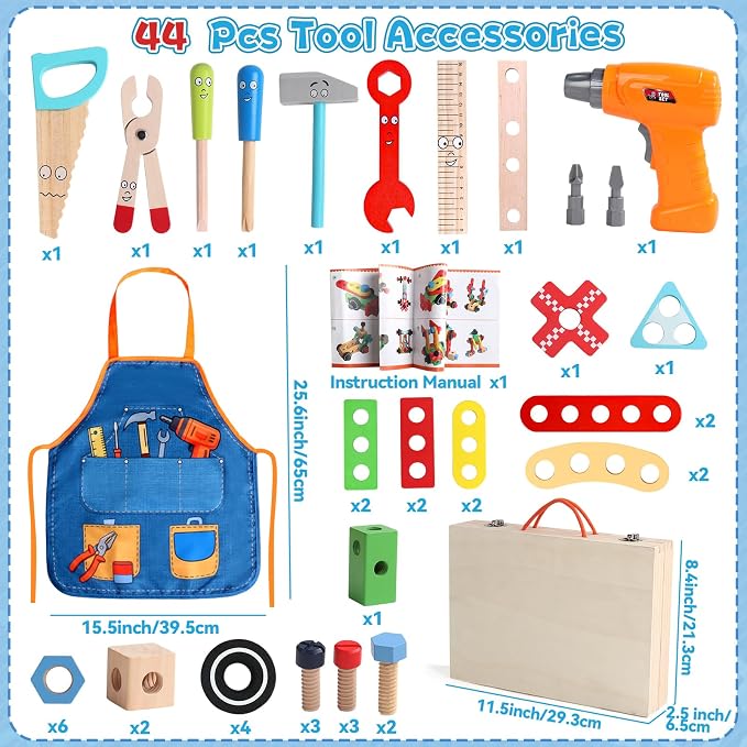 Wooden Kids Tool Set with Drill, Montessori Toys for 3 Year Old Boys | 44 Pcs with Apron & Box Easy Storage STEM Tool Set for Pretend & Fine Motor Skills Birthday Gifts for 3 4 5 Year Old Boy Girl