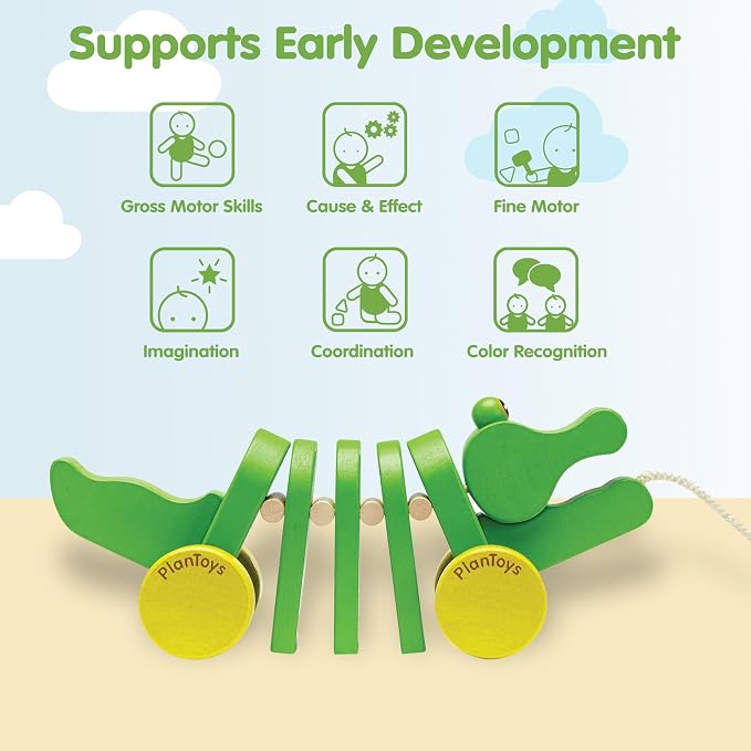 PlanToys® Dancing Alligator Pull Toy for Toddlers | Eco-Friendly Wood Toy with Click-Clack Sound | Walking Toy for Babies | sound motion, toddler pull toys, animal design, girls, boys, gross motor cause & effect early learning gift for kids idea