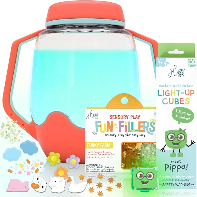 Glo Pals Play Pack Bundle, Jar, Light Up Cubes & Fillers, Glows Green | Pippa Character Water-Activated Bath Toy Cubes Glow Green, Light-Up Sensory Jar, Barnyard Themed Fun Fillers