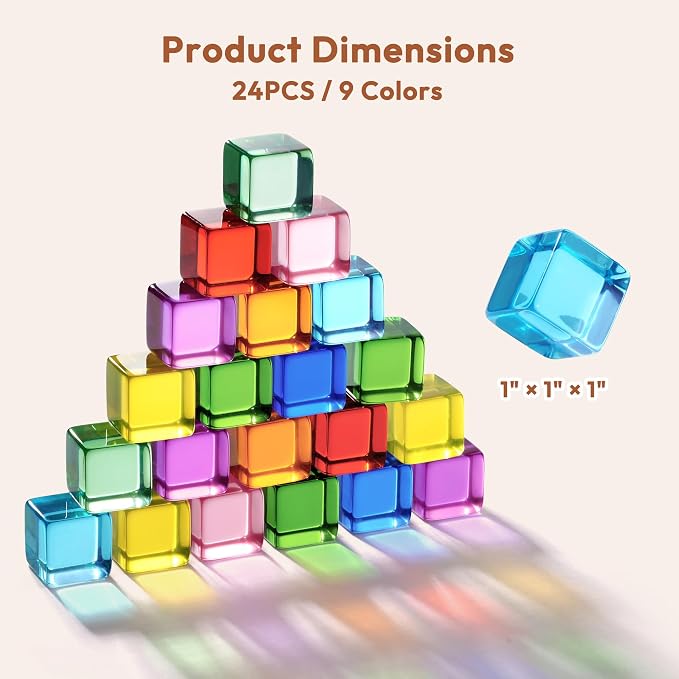 Woodtoe Rainbow Building Blocks for Toddlers, 24 PCS Gem Blocks for Kid 3-6 | Acrylic Blocks, Montessori Stacking Toy for 3 4 5 6 Year Old, Educational STEM Creative Sensory Toy Gifts for Kids Boys Girls