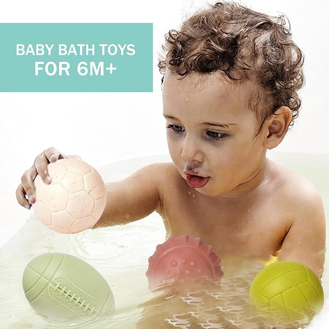 Bath Toys, Soft Sport Sensory Balls for Toddlers Boys Girls No Hole Wheat Straw Soft Montessori Toys for Babies 6 Months+, Swimming Pool Beach Shower Baby Toys
