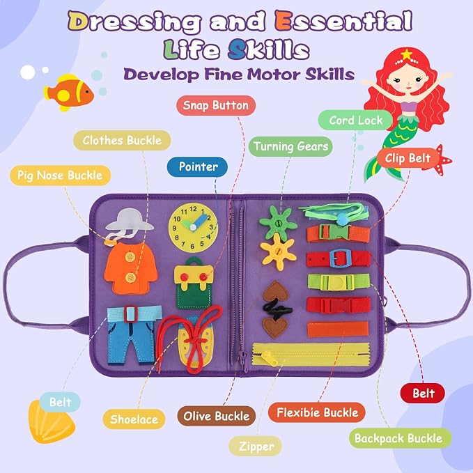 Montessori Busy Board for Toddlers 3-6, Soft Sensory Activity Book with Life Skills, Cognition, Sorting, Matching, Travel Toys for Airplane Car, Gift for Girls Boys 3+ Years Old (Mermaid)