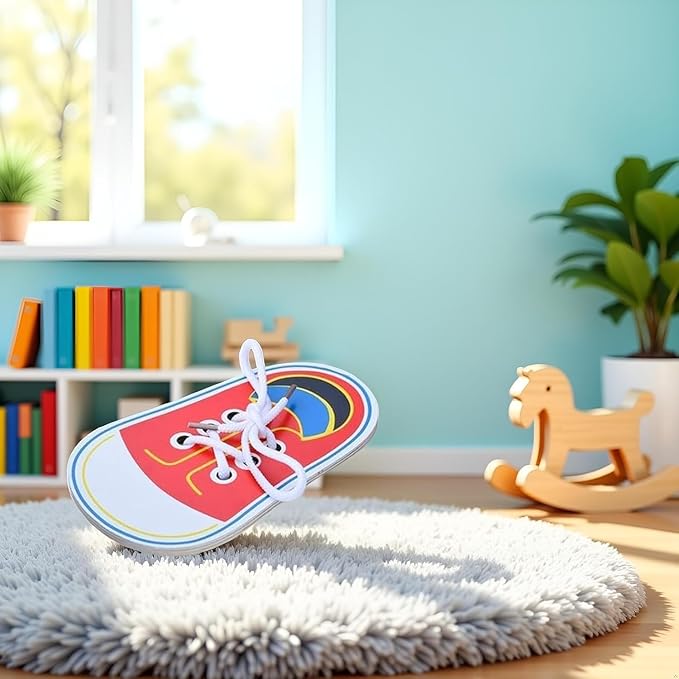 Red Wooden Shoe Tying Practice, Learn to Tie Your Own Shoes Threading Lacing Shoes Training Early Learning Kits, Threading Lacing Training Board Early Learning, Education Decorative Accessories