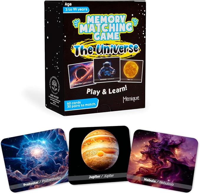 Menique Universe Memory Matching Game – 60 Cards (30 Pairs) – Bilingual Space Game with Planets, Stars & More – Educational for Kids and Adults
