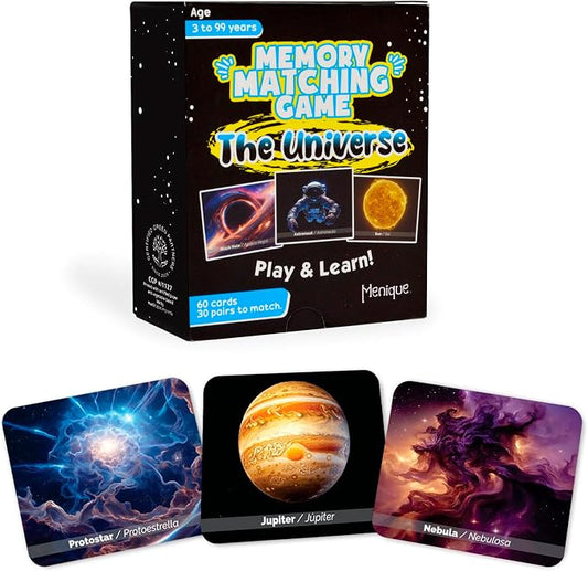 Menique Universe Memory Matching Game – 60 Cards (30 Pairs) – Bilingual Space Game with Planets, Stars & More – Educational for Kids and Adults