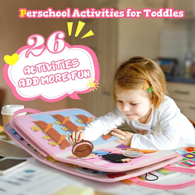 Montessori Busy Board & Busy Book with 20+ Learning Activities, Sensory Activity Toy for Fine Motor Skills, Educational Learning Toy for Airplane & Car Travel, Birthday Gift for Toddler Girls