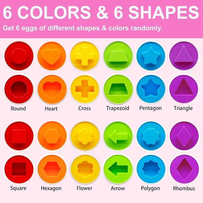 MOONTOY 6PCS Kid Easter Eggs Montessori Toys for 18M+ Year Old Boy Girl | Easter Matching Eggs, Educational Color Sorting Kid Puzzle, Cognitive Shape Sorter, Gifts for Kids Easter Basket Stuffers