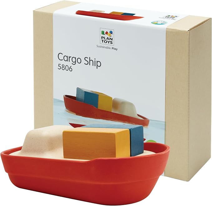 PlanToys® Cargo Ship Bath Toy for Toddlers Floating Boat Water Play Kids | floating boat, cargo blocks, cars bath toys, girls, boys, montessori educational, imaginative fine motor gift preschool set