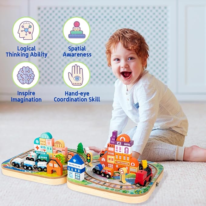 Adena Montessori Wooden Tabletop Train Set, Small, 3+ | Safe wood, 75 blocks + train. Build tracks & city. Boosts motor, logic & creativity. Take-along tabletop. Gift 3+.