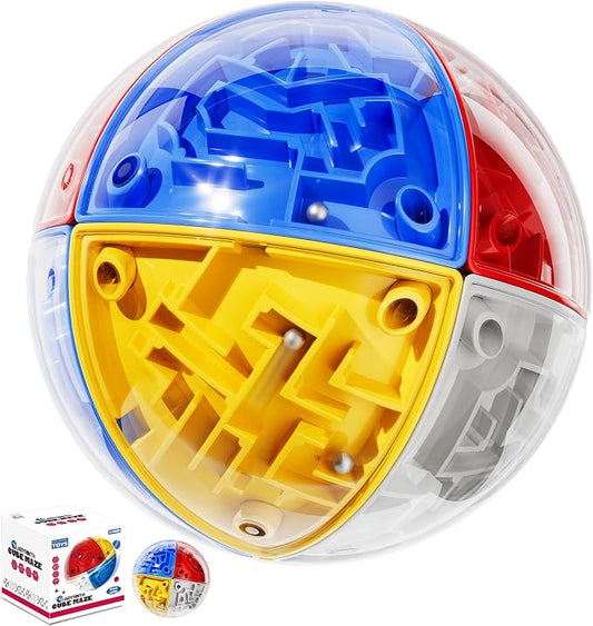 3D Maze Cube Ball Puzzle Brain Teaser for Adults & Kids, Educational Learning Toys Logical Thinking, Family Board Games Tabletop, Durable Puzzle Cube (White&Blue&Red&Yelllow-D, 3.3x3.3x3.3)