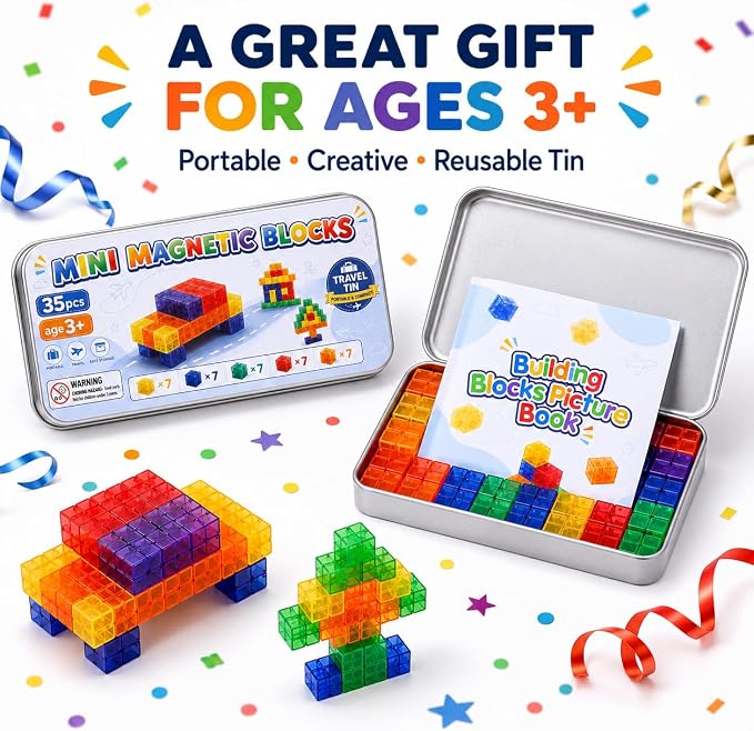 POSOUL 35-Piece Mini Magnetic Building Blocks Travel Set with Metal Storage Tin and Play Tray, Colorful Transparent Magnet Cubes, STEM Construction Toy with Idea Book for Kids Ages 3+