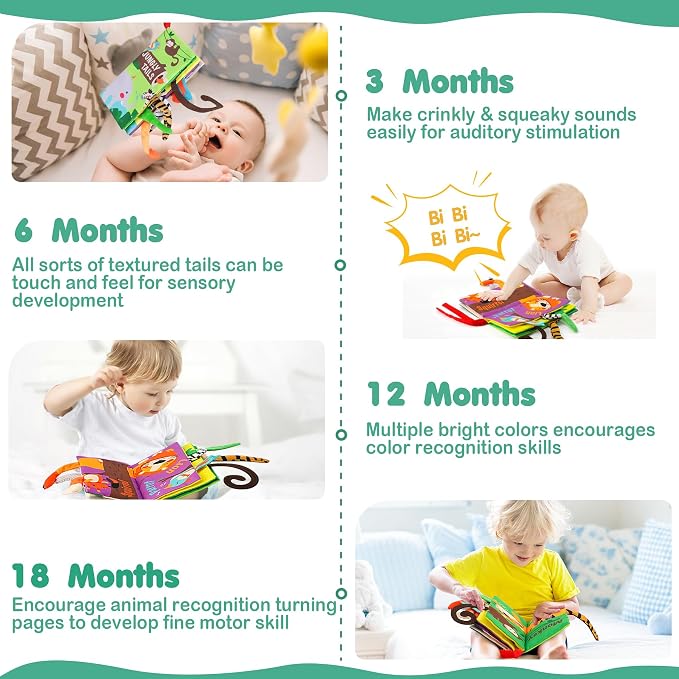 beiens Baby Books Toys, Tummy Time Touch and Feel Sensory Toys for Infant | Crinkle Cloth Book Toy for Baby 0-3-6-12-18 Months, Early Development Stroller Soft Toy, Newborn Shower Gift for Boy Girl