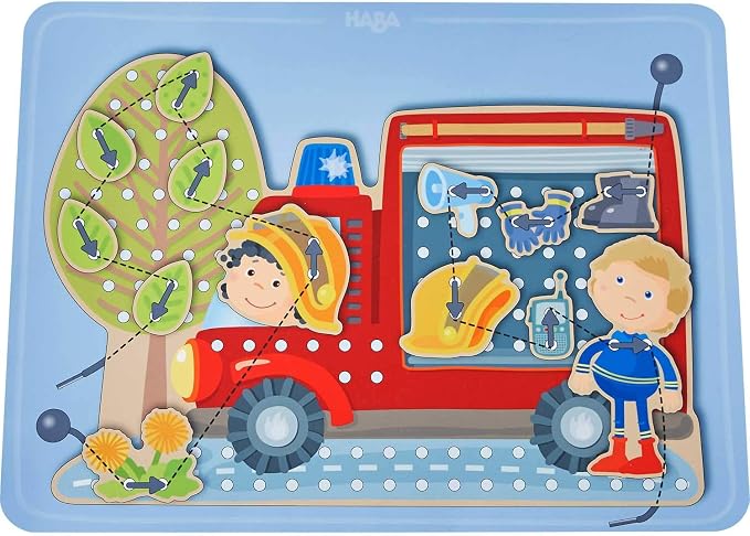 HABA Fire Engine Rescue Themed Lacing Toy Set for Preschool Learning, Fine Motor Skills Development Game with 38 Threading Tiles and 2 Template Cards, Kids Educational Toy Ages 3-5