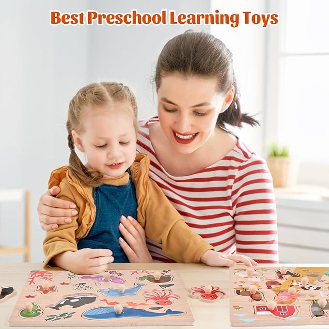 Wooden Peg Puzzles for Toddlers 1-3, 2 Pcs Montessori Puzzles, Upgraded Animal & Sea Themes Puzzles, Great Preschool Educational Learning Gifts for Girls and Boys