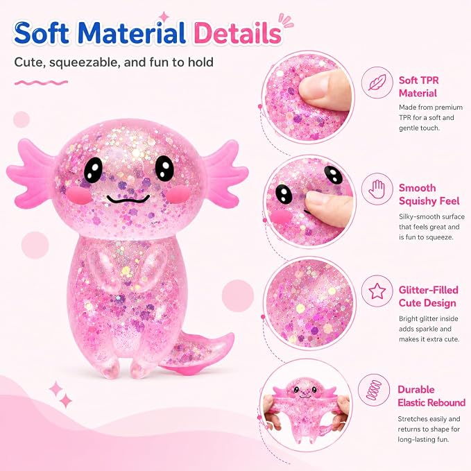 Axolotl Squishy Stress Ball, Soft TPR Slow Rising Squeeze Toy, Cute Axolotl Fidget Toy for Stress Relief, Anxiety Calming Sensory Toy for Kids Adults(Pink Long Tail Axolotl)