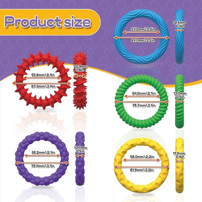 5 Pack Chewable Sensory Fidget Bracelets for Kids, Textured Silicone Bands | Chewable Sensory Fidget Bracelets for Kids, Stretchy Textured Silicone Bands for Classroom, Travel and Quiet Play