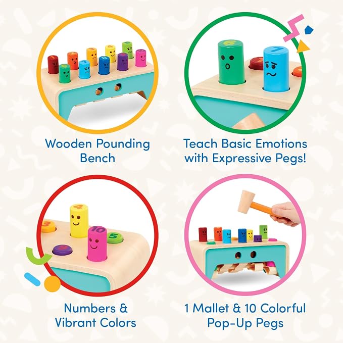 Battat Wooden Pounding Bench Toy with Mallet, Pound & Count Bench | Wooden pounding bench with 10 colorful pegs and 1 mallet for numbers, colors, and emotions; side mallet storage; 1+ Years