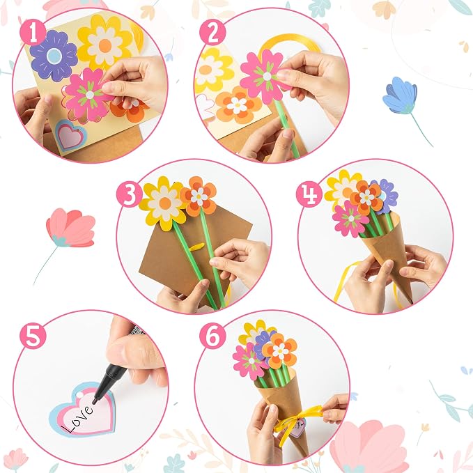 BeYumi Flower Bouquet Craft Kit - 48Pcs Mother's Day Flower Bouquet Craft for Kids Make Your Own Bunch of Flowers Teacher Appreciation Week DIY Thankful Gift Set School Classroom Home Fun Activities