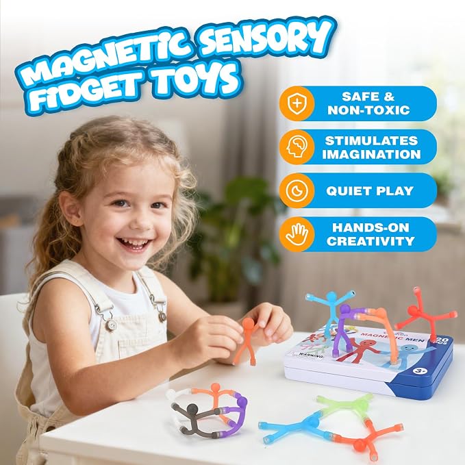 20Pcs Magnetic Travel Toys, Magnets Men for Kids with Portable Metal Box | Airplane Car Travel Fidget Toys Road Trip Activities Essential, Classroom Toys for Kids Birthday Stocking Stuffers Gifts