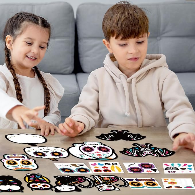 Haooryx Day of The Dead Sugar Skull DIY Magnet Stickers Paper Craft Kit | 30 Set Make Your Own Dia de Los Muertos Art Craft, Halloween Mexican Festival Party Gift, Bulletin Board Refrigerator Decor