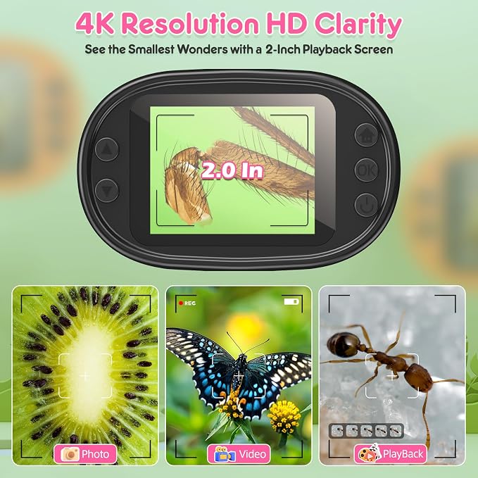 Kids Digital Microscope Science Gift: Complete STEM Toy Kit for Ages 4-12 | 32GB Card for Photos & Video / Custom EVA Case / Real Glass Slides / Upgraded 3mm Slide Slot / 2.5H Rechargeable Use