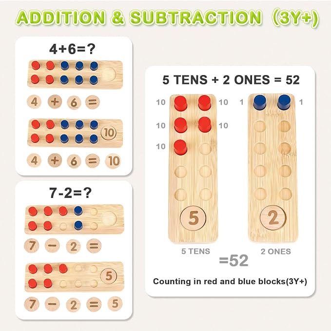 DINORUN Montessori Toys for 3 4 5 Year Old Boy Girl Birthday Gifts - Counting Peg Board for Kids 3-5-7 - Wooden Learning Math and Numbers Manipulatives Materials for Preschool Teacher Classroom