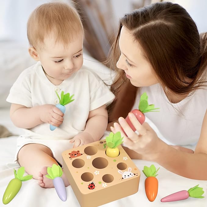 Montessori Toys for 2 3 Year Old Toddlers | Wooden Carrot Harvest Game | Kids Learning Educational Shape Sorting Toy for Toddler Boys and Girls, 18 Months Birthday Easter Gifts for Babies