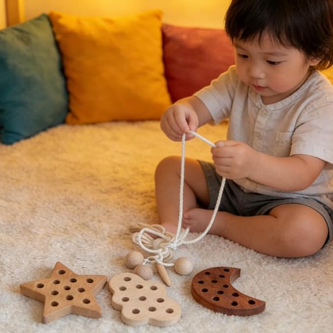 3 Pack Wooden Lacing Threading Toys for Toddlers 1-3 Solid Wood Threading Activity Puzzles, Moon/Stars/Cloud Quiet Toddler Toys for Airplane Travel Fine Motor Skills Sensory Toys
