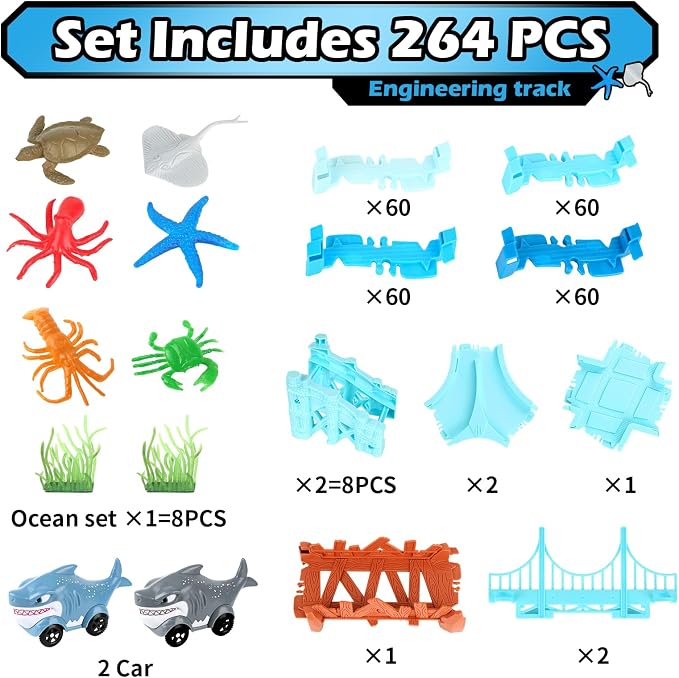 Coroiesty 264 PCS Shark Race Tracks for Kids Toys, Flexible DIY Track Set | Glow in The Dark Magic Toy Set, 2 Shark Cars Track, Birthday Gift for Age 3-9 Boys Toddler Girls