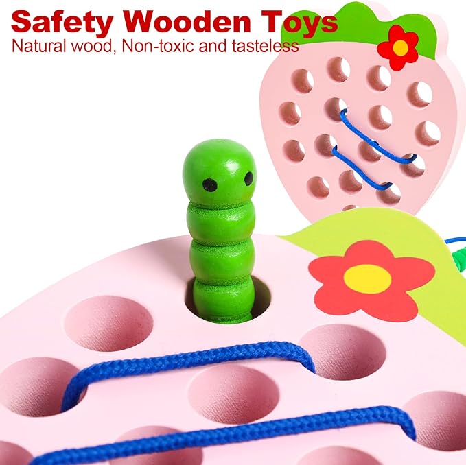Wooden Lacing Toys for Kids,Strawberry Threading Learning Fine Motor Skills,Montessori Sensory Educational Wooden Pattern Block Puzzle Travel Gift for 3 Years Old Baby Boys Girls