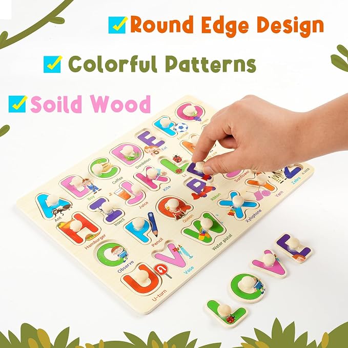 Wooden Peg Puzzles for Toddlers, 6 Pack Toddler Puzzles Set for 3 4 5 Years Old, Preschool Education Learning Puzzle Toys for Girls and Boys (Alphabet Number Animal Vehicle Fruit Occupation)