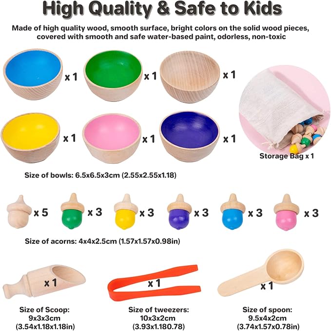 Wooden Color Sorting Toys for Toddlers - Montessori Counting Game with 6 Bowls & 20 Weighted Acorns - DIY Unpainted Pieces - Premium Educational Set with Tweezers, Spoon, Scoop & Bag - Kids 3+