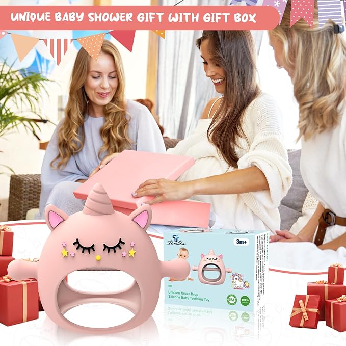 Tinabless Teething Toys for Babies 6-12 Months, Unicorn Never Drop Silicone Teether Designed for Babies 0-6 Months, Car Seat Toy for New Born, Natural Organic Baby Teether for Boys & Girls, Pink