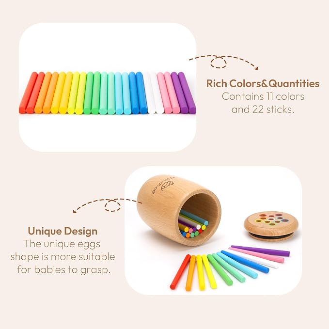 Woodtoe Montessori Color Sorting Toy, 11 Colors Montessori Sticks for 1 2 3 Year Old, Wooden Sensory Toys for Toddler, Fine Motor Skills, Educational Learning Birthday Toys Gift for Boys and Girls 1-3