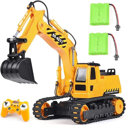 DOUBLE E Remote Control Excavator Toy, 2*Batteries 2.4GHz RC Excavator, 6-in-1 Digging/360° Rotation, 20M Range Sandbox Construction Toys Birthday Gift for Boys/Kids 6+ Years