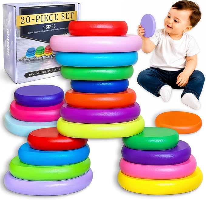 LEOGOR Extra-Large Wooden Stacking Rocks (20 PCS) – Montessori Balancing Stones for Toddlers 1-3 – Safe Sensory Open Ended Play Toys & STEM Building Blocks for Boys & Girls