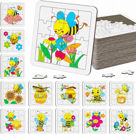 Cinrobiye 24 PCS Bee Coloring Jigsaw Craft Kit for Kids, DIY Bumblebee Activity Set Bulk with 12 Designs, Spring Insect Party Favors, Classroom Art Projects, Summer Decorations