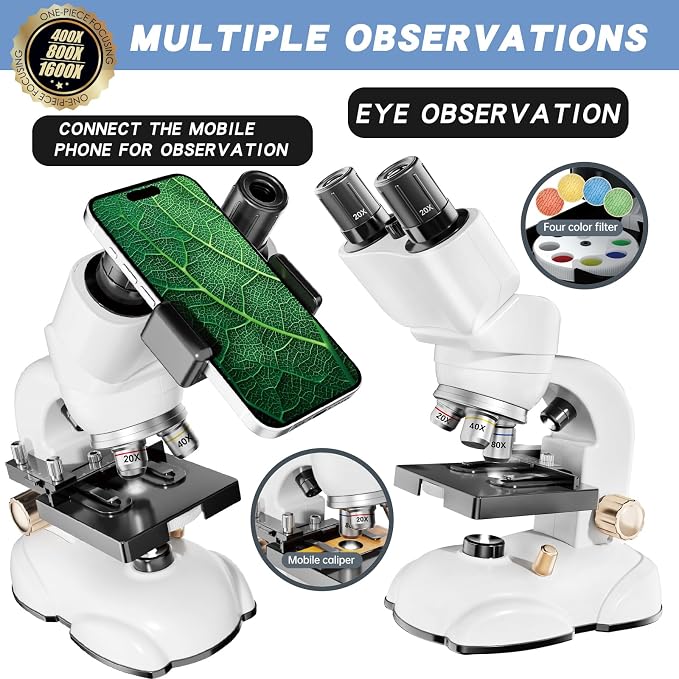 Microscope for Kids, Double Tube Double Mirror Microscope Kit LED 400X-1600X Magnification Kids Science Toys, Microscope Slides with Specimens for Kids,Students Microscope STEM Kit