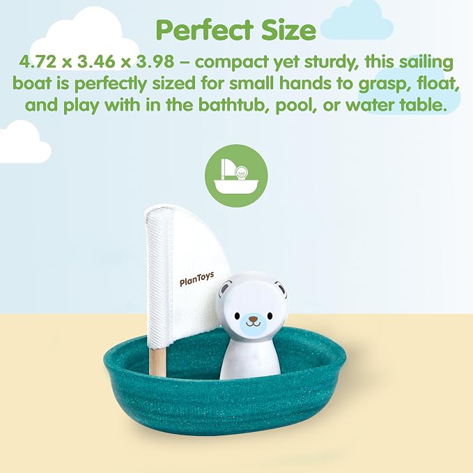 PlanToys® Polar Bear Sailing Boat Bath Toy for Toddlers, Montessori Wooden | polar bear sailing boat, montessori floating bath toy, water play, bathtub pool water table, kids toddlers wooden imaginative