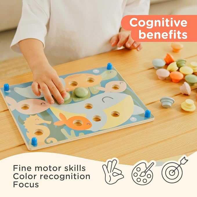 Nene Toys Wooden Color Matching Pegboard for Toddlers 2+ - Pastel Button Art Mosaic Puzzle with 24 Wooden Pegs & 12 Pattern Cards - Montessori Fine Motor Toy for 2 3 Year Old Boys Girls