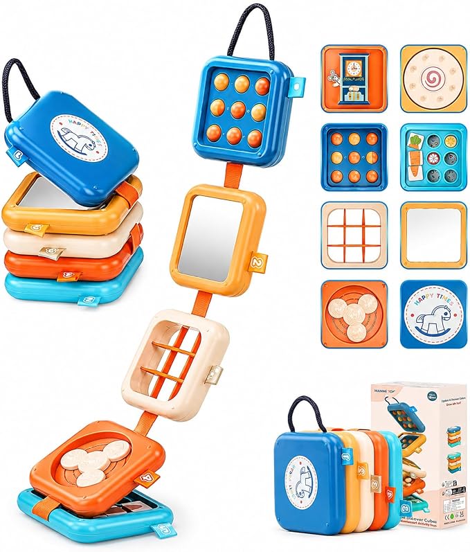 Busy Board for 1 Year Old, Travel Toys for Toddler 1-3 on Plane Car, Montessori Busy Board Busy Cube, Toys for 1 Year Old Boy Girl, Stocking Stuffers for Toddler (Blue)