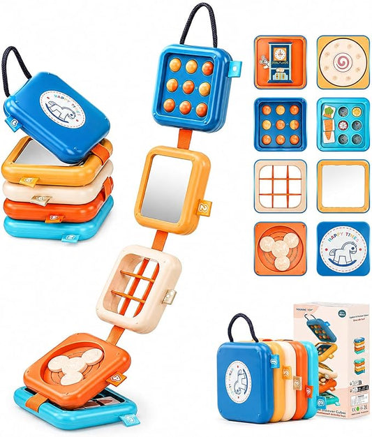 Busy Board for 1 Year Old, Travel Toys for Toddler 1-3 on Plane Car, Montessori Busy Board Busy Cube, Toys for 1 Year Old Boy Girl, Stocking Stuffers for Toddler (Blue)