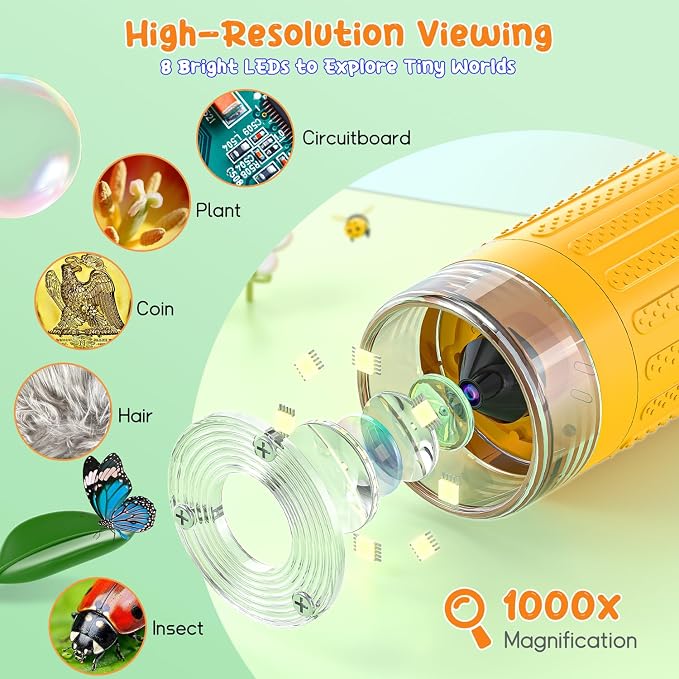 SKYBASIC Digital Microscope for Kids, 3" Screen 1000X Handheld Microscope HD Pocket Portable Microscopes Camera, Science Edu Fun Birthday Gifts Toys for Ages 4-12 Children Students Boys Girls -Yellow
