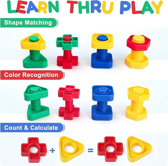 LotFancy Nuts and Bolts, 24pcs Fine Motor Skills Occupational Therapy Toys for Kids, Shapes and Colors Matching Toys, Montessori Building Construction Game with Storage Box for Baby and Toddlers