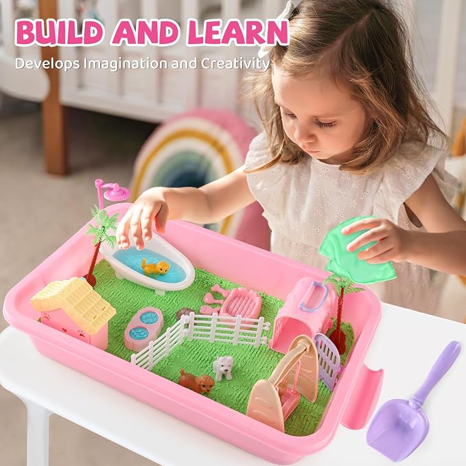 Aprilwolf 21 PCS Pet Sensory Bin, Dog & Cat Sandbox with Sand & Box | Play Sand Art Toys Kit, Pet Care Play Set, Beach Toys for Kids Ages 4-8, Birthday Gift Girls Boys 3 4 5 6 7 Years Old